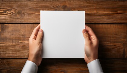 Fototapeta premium hands holding a blank white paper against a wooden background