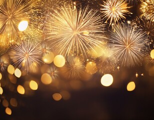 Fototapeta premium golden fireworks banner with glowing bokeh lights on dark background
