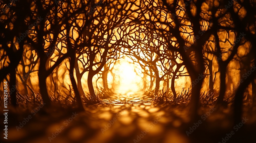Poster Silhouette of trees in a forest path with warm light at the end.