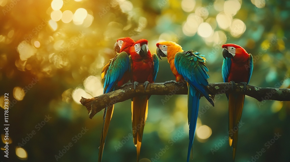 Poster four vibrant macaws perched on a branch in a lush, sun-dappled forest.