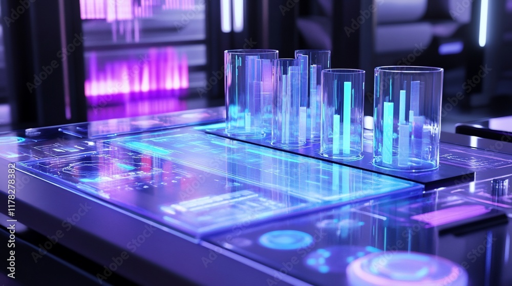 Aufkleber Futuristic glass cylinders displaying glowing bar graphs on a hi-tech interactive table.