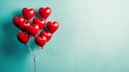 Red heart-shaped balloons on a blue background. Copy space