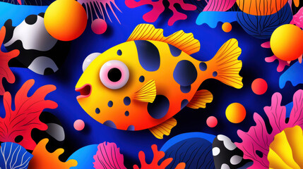 Bright and colorful illustration of playful fish among vibrant corals