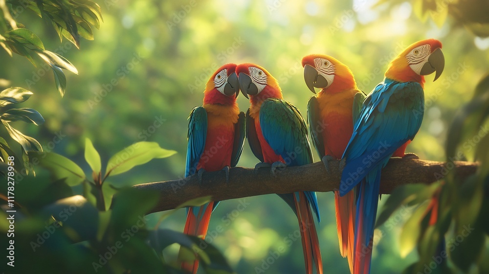 Poster three vibrant macaws perched on a branch in a lush, sun-dappled rainforest.