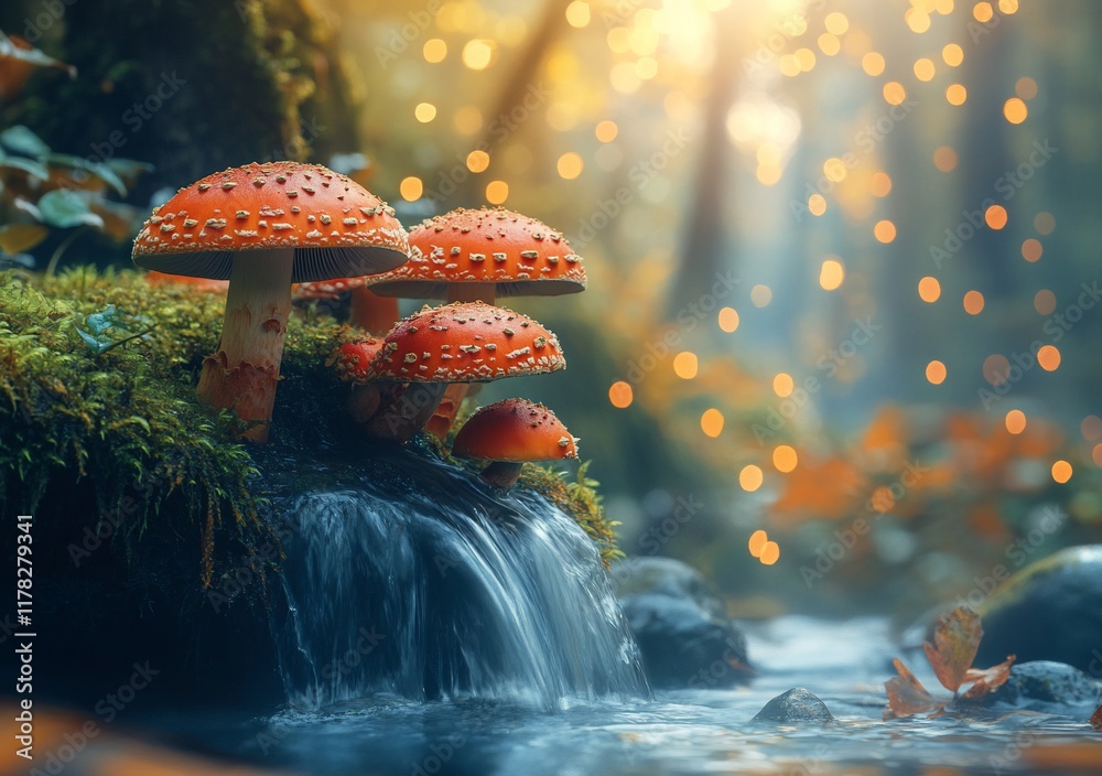 Aufkleber enchanting cluster of red toadstools beside a cascading stream in a sun-dappled autumnal forest.