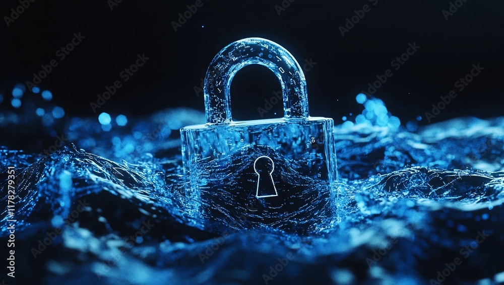 Poster glass padlock submerged in blue liquid, representing digital security and data protection.
