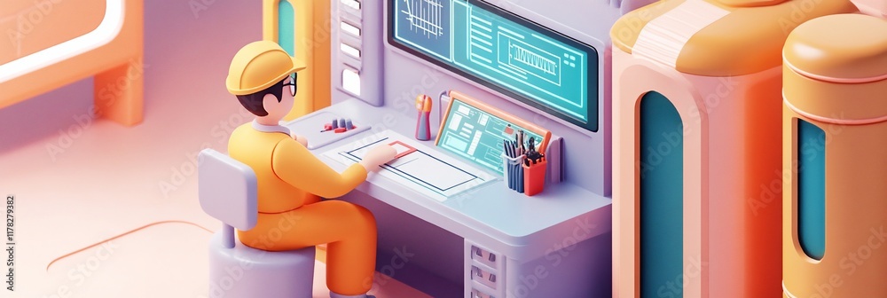 Aufkleber 3d illustration of engineer working at computer in industrial setting.