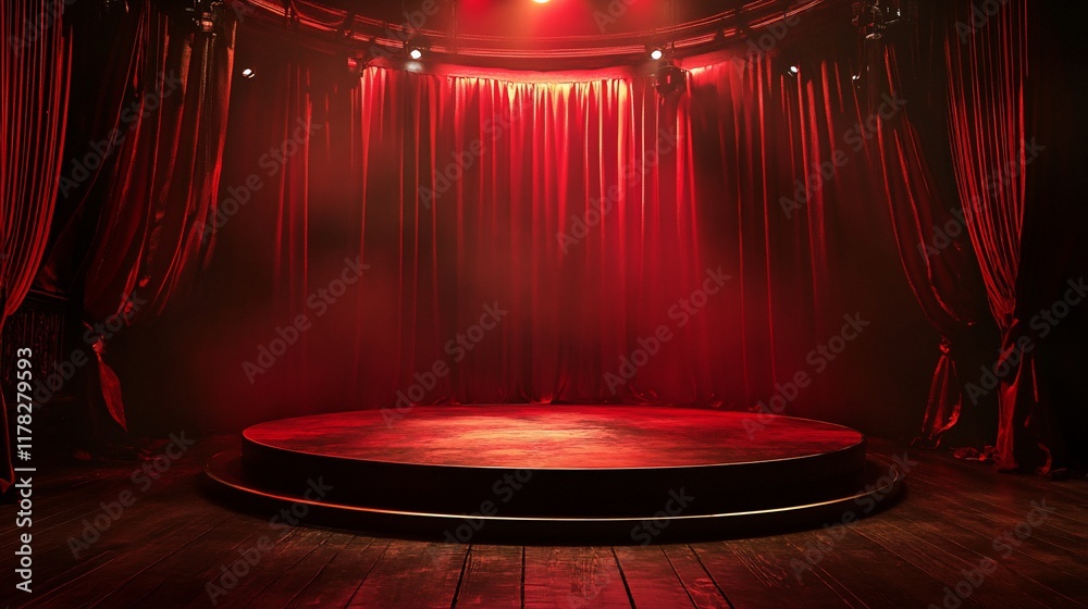 Poster empty circular stage with red velvet curtains and dramatic lighting.