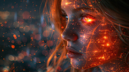 Futuristic portrait of a young woman featuring glowing circular patterns