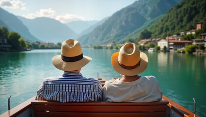 Retired couple enjoys European river cruise. Scenic views of river, mountains. Relaxed, happy on boat. Enjoying retirement, long-term travel. Possible pension-supported journey. Tranquil atmosphere.