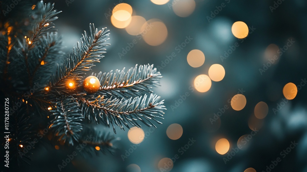 Aufkleber close-up of a frosted pine branch with warm lights, bokeh background.