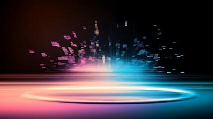 Abstract glowing circular platform with vibrant light streaks and pixelated particles emanating from its center, set against a dark background.