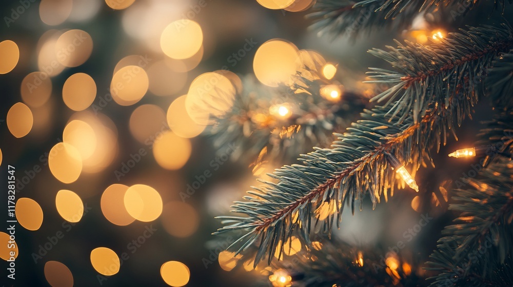 Fototapete close-up of illuminated pine tree branch with bokeh background.