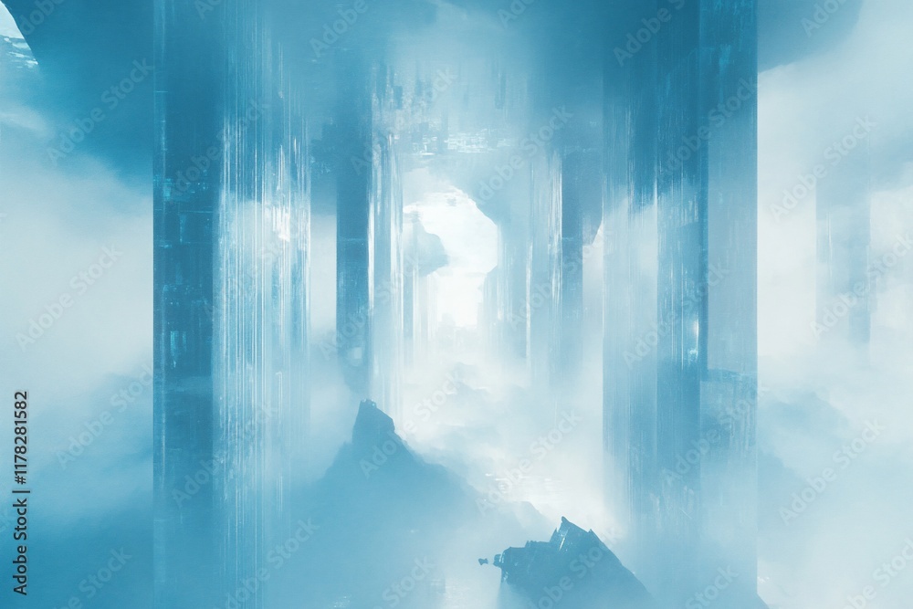 Poster futuristic blue misty corridor with tall pillars and hazy light at the end.