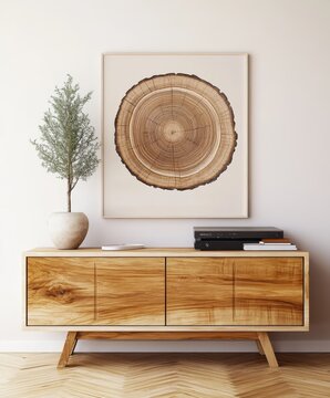 recommend clip art: Modern minimalist interior, large circular tree ring art, wooden credenza, white walls, geometric shapes, natural textures, neutral color palette, contemporary design, abstract wall decor, clean lines