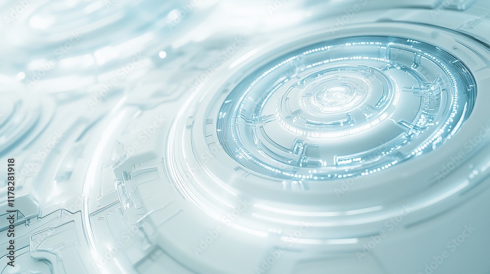 Poster abstract futuristic technology background with glowing circular elements and white surfaces.