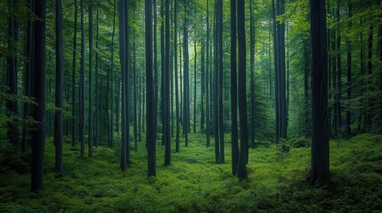 Peaceful forest scene with tall trees and a light breeze, symbolizing a deep breath of fresh air Wellness, Greenery, breathe, forest
