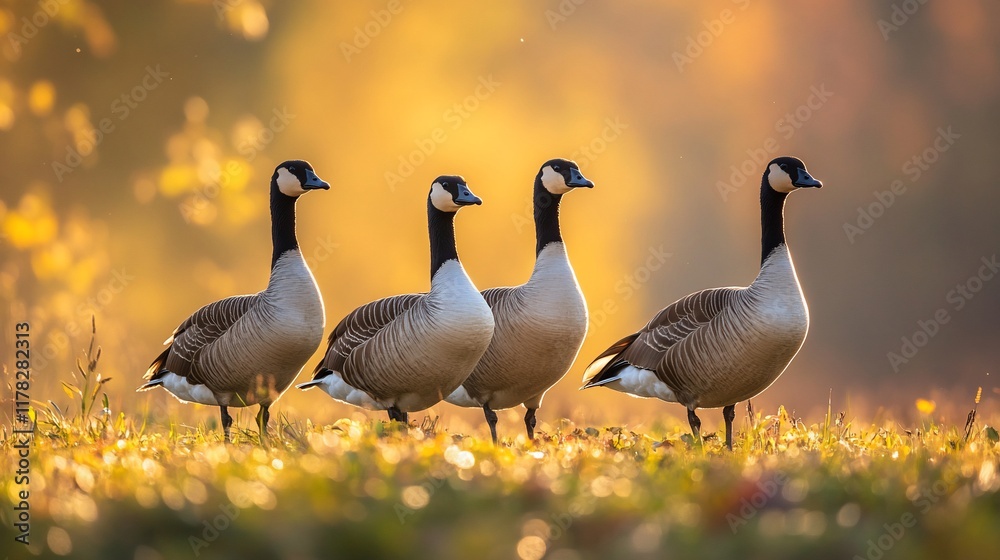 Poster four canada geese stand in a row in a field at sunset.
