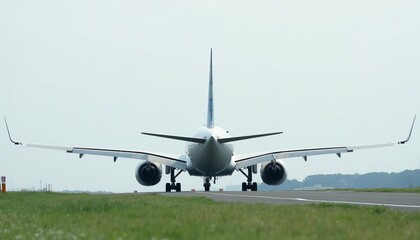 Commercial airplane on runway rear view