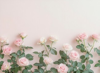 Fototapeta premium Minimal background with a podium for product presentation and pink roses on a light pastel-colored wall, a mock-up for cosmetic product display, a beauty studio backdrop. Stock photo with 2/3 space fo