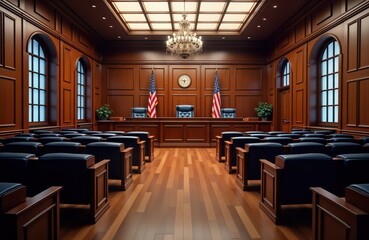 Empty courtroom interior. Formal wooden furniture, dark blue seats. Two American flags on wall. Empty judge bench. Empty seats for jurors. Legal theme. Suitable for law related publications,