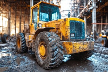 Fototapeta premium Muddy Yellow Bulldozer at a Construction Site