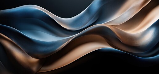 Abstract blue and gold fabric waves flowing in dark background.