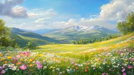Vibrant wildflowers bloom in a sunny mountain meadow.