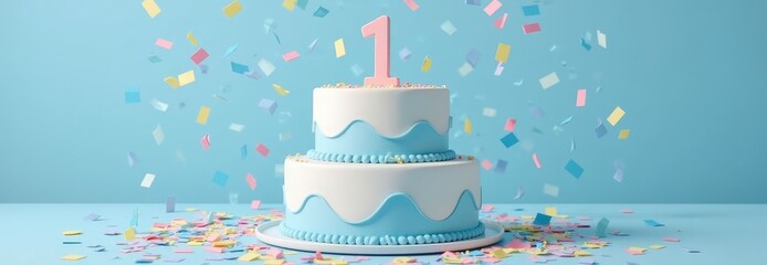 First birthday cake with number one and confetti