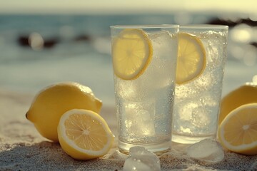 Two glasses of iced lemon water on a sandy beach at sunset.