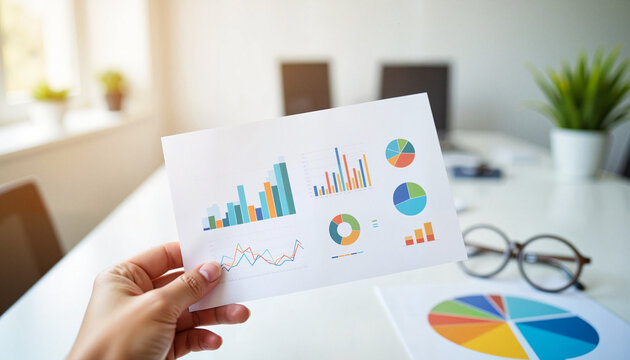Hand holding colorful graphs in minimalist office environment, data visualization