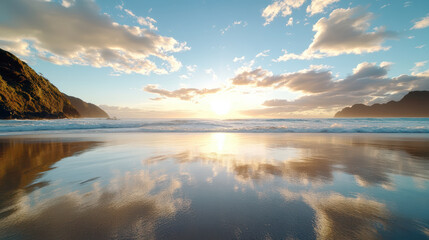 Breathtaking beach view with sunset reflections on calm water