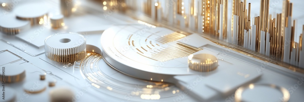 Poster abstract 3d render of white and gold geometric shapes, futuristic design, circular platform, archite