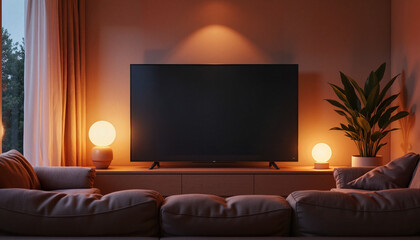 Cozy modern living room with curved TV screen, relaxed ambiance