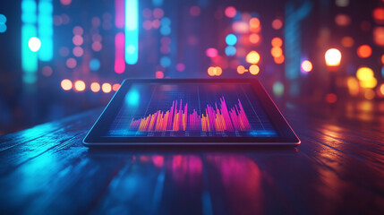 A lone digital tablet displaying a graph in a sleek minimalist workspace with blurred chaos in the background, emphasizing clarity, simplicity, and data analysis in a modern environment

