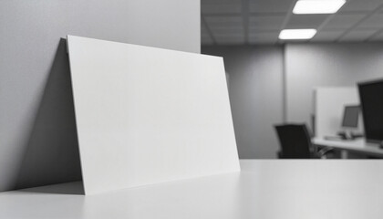 Fototapeta premium Blank folded card on modern office desk against wall, minimalism concept