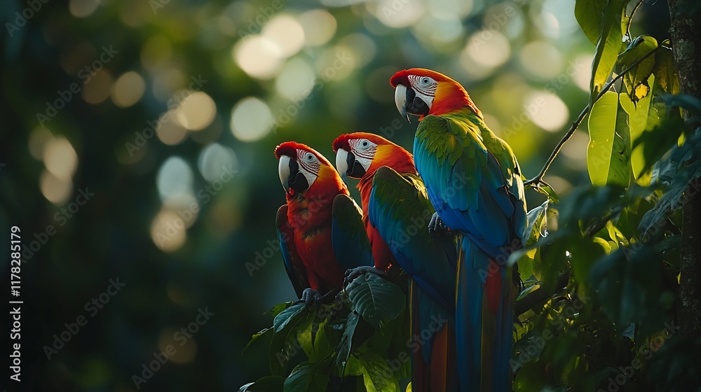 Poster three vibrant macaws perched on a tree branch in a lush rainforest, bathed in the warm glow of sunli