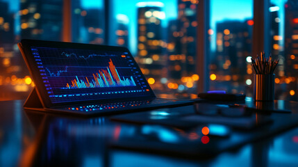 A lone digital tablet displaying a graph in a sleek minimalist workspace with blurred chaos in the background, emphasizing clarity, simplicity, and data analysis in a modern environment


