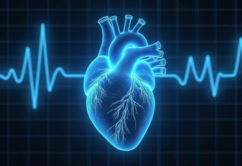 Glowing blue heart with heartbeat signal on graph grid
