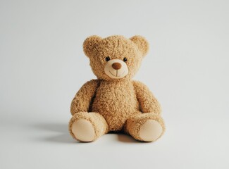 Obraz premium Photo of a cute teddy bear sitting on a white background, facing the camera. 