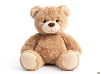 Obraz premium Photo of a cute teddy bear sitting on a white background, facing the camera. 
