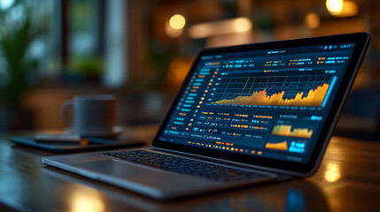 A lone digital tablet displaying a graph in a sleek minimalist workspace with blurred chaos in the background, emphasizing clarity, simplicity, and data analysis in a modern environment

