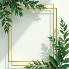 Fototapeta premium Gold frame and green leaves on a white background with shadows