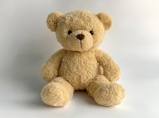 Obraz premium Photo of a cute teddy bear sitting on a white background, facing the camera. 
