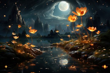 Obraz premium Magical flowers by moonlit lake at night.