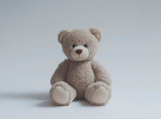 Obraz premium Photo of a cute teddy bear sitting on a white background, facing the camera. 