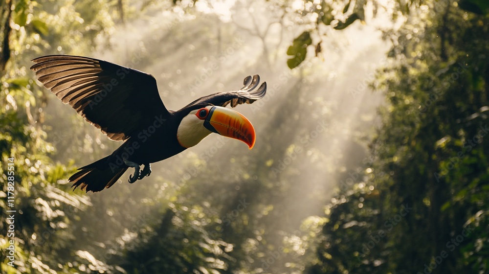 Poster a toucan in flight through a sun-dappled rainforest.