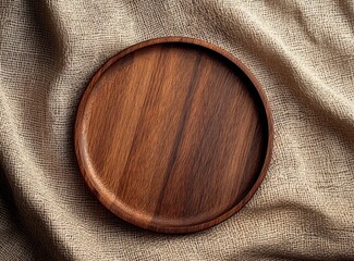 Photo of a modern, minimalistic background for product presentation with a wooden plate on a brown fabric. Mockup for design. Front view. 