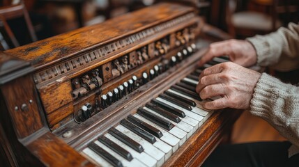Hands playing antique harmonium keyboard in vintage shop