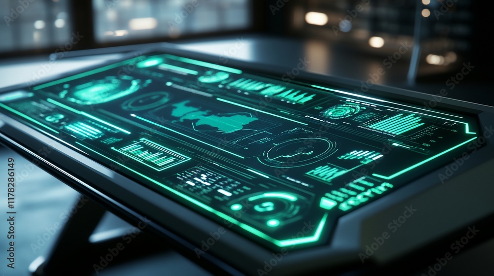 Poster Futuristic interactive table displaying data analytics and geographical information.